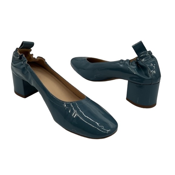 Everlane Patent Blue Green Closed Square Toe Block Heels Size 8 1/2 Women's - Picture 1 of 9